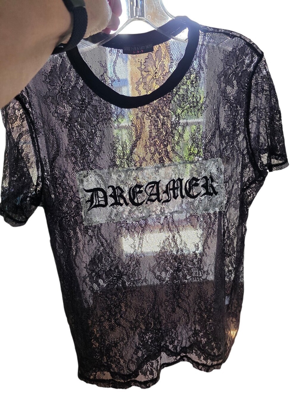 Love Peace & Lazy Days Black Lace Sheer Short Sleeve Top Size Medium - Picture 5 of 9
